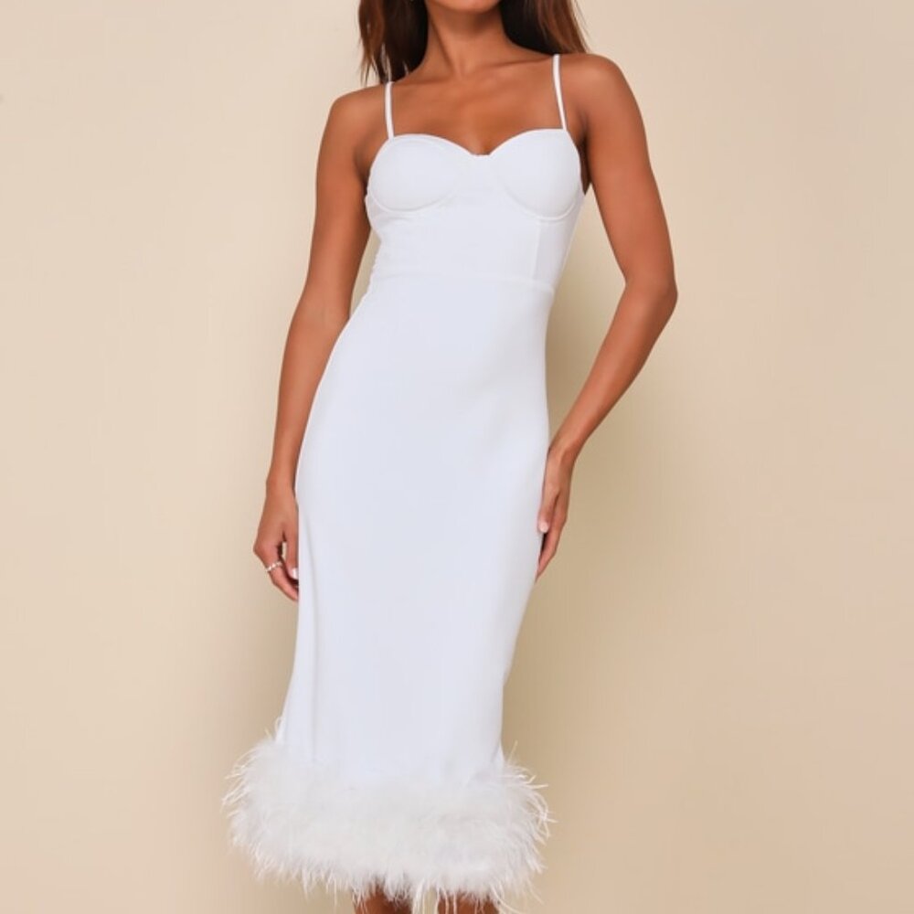 Lulus Passion For Glamour White Sleeveless Bustier Feather Midi Dress - Size L